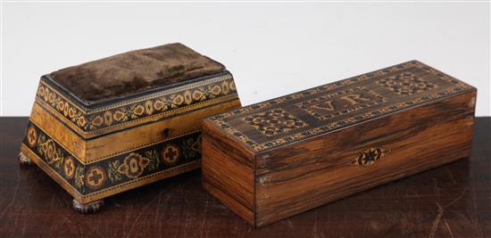 A Tunbridge ware rosewood VR box and a Barton maple pin cushion, 9in.